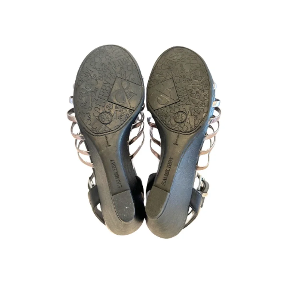 Sam & Libby Black Silver Strappy Wedge Sandals Size 8.5
